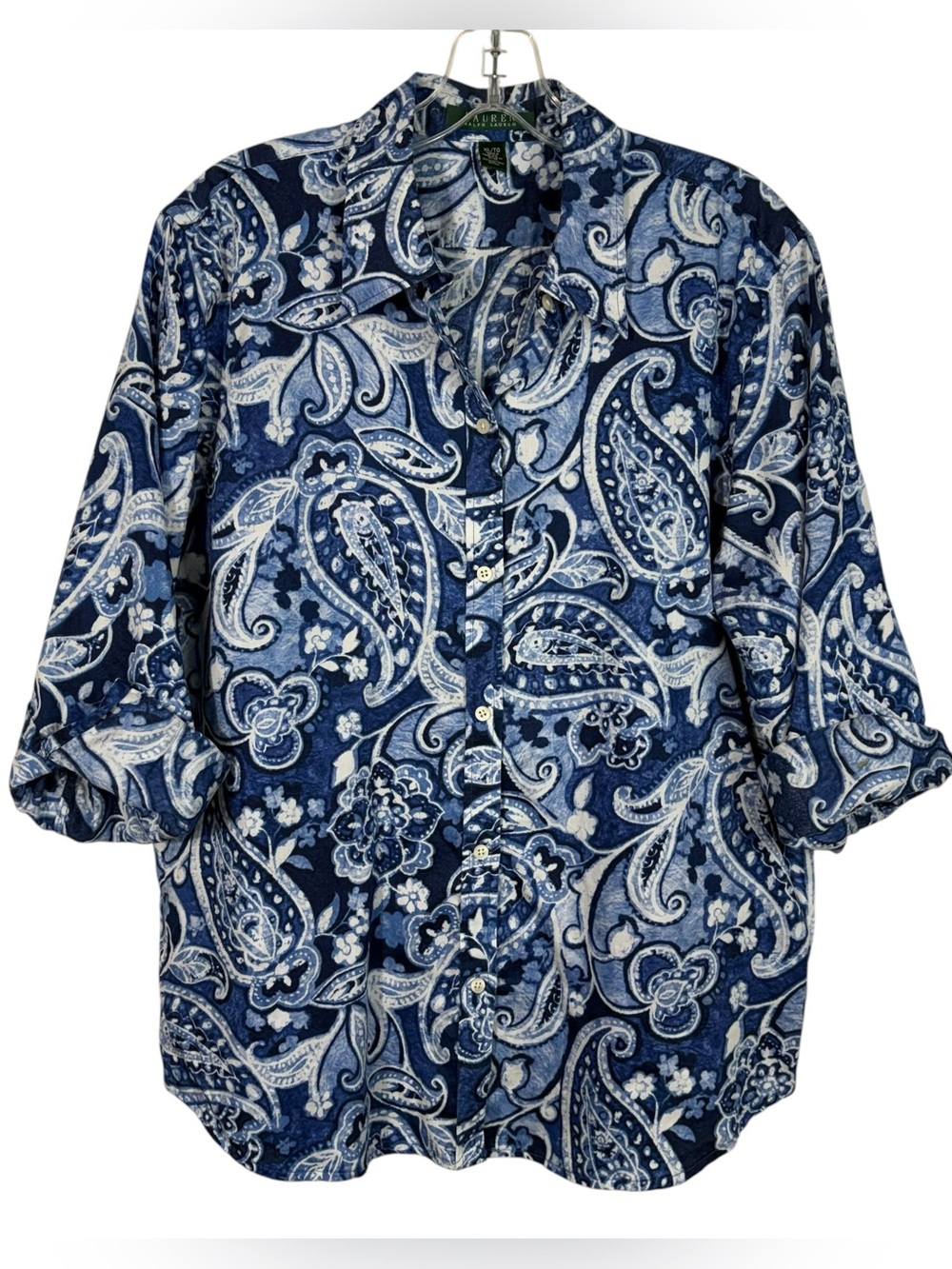 Lauren Ralph Lauren Blue Paisley Pattern 100% Cotton Button Down Shirt XL Preppy